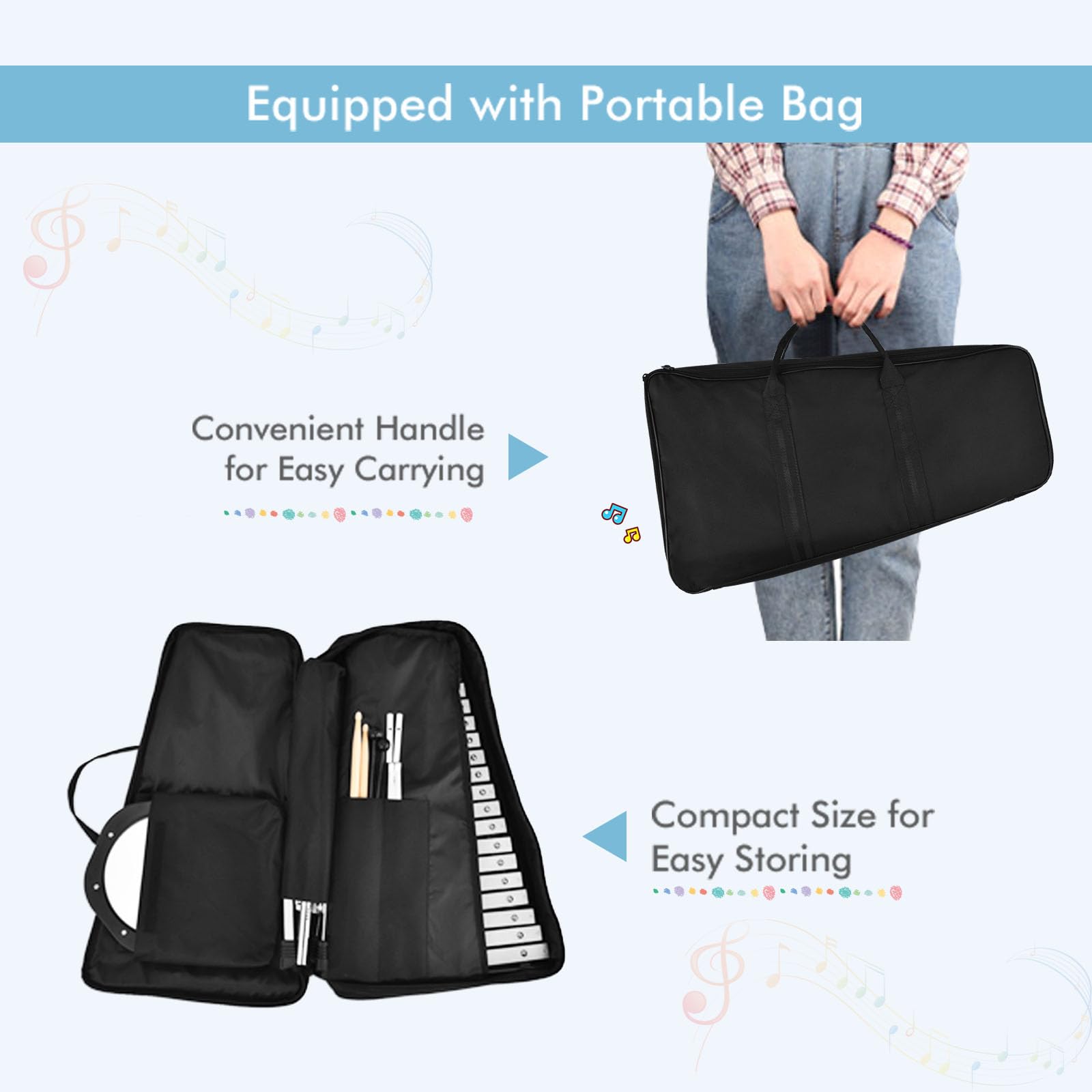 KOMFOTTEU Set con supporto regolabile in altezza, 32 note xilofono con 1 paio di bacchette e bacchette per batteria e 1 tamburo per esercizi a 8 angoli, per bambini, adulti