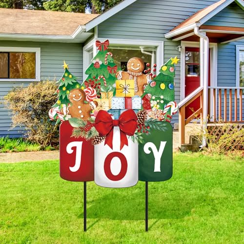 Metal Christmas Yard Sign with Metal Stake for Outdoor, 26 Inches Christmas Mason Jar Noel Joy Sign with Stakes Xmas Home Yard Gingerbread Outdoor Decoration for Lawn Patio Garden Backyard Party Decor