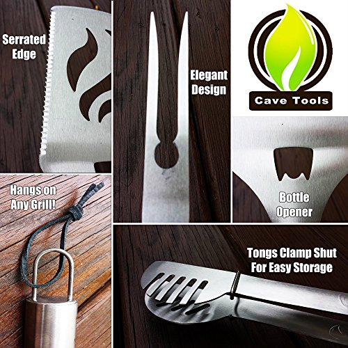 image for Cave Tools 3-Piece BBQ Tools Set - Includes Spatula, Tongs, & Fork - H