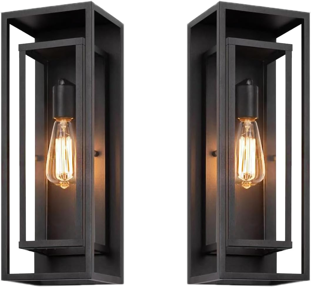 2 Pack 18 inches Outdoor Wall Lantern Light Fixture, Large Black Exterior Waterproof Wall Sconce, Anti-Rust Mount Porch Light with Clear Glass,E26 Socket