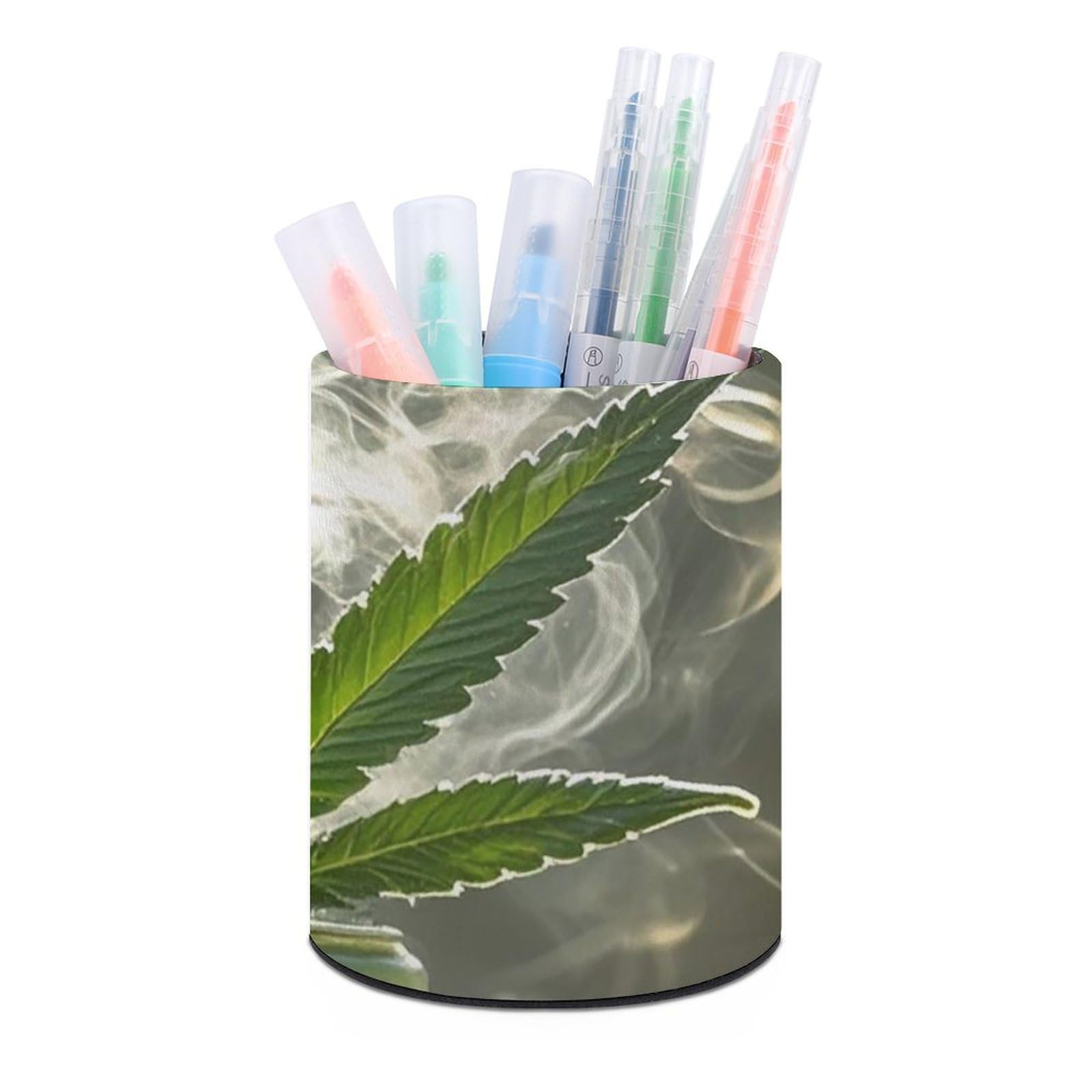 FekiLoot PU Leather Round Pen Holder Weed Marijuana Pencil Holder Desk Organizer Pen Organizer Pen Cup Pencil Cup Caddy Desktop Stationery Organizers for Office Home Supplies