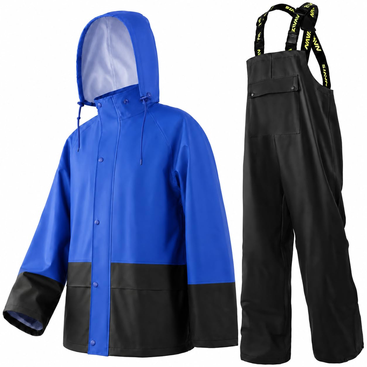 Men’s Workwear 3-Piece Waterproof PU Rain Suit Set | Hooded Jacket &amp; Bib Pants, Sealed Seams, Storm Flap, Adjustable Suspenders, Flap Pockets, Outdoor Work, Fishing, Farming