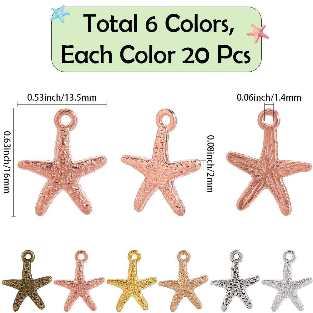 SUNNYCLUE 1 Box 120Pcs 6 Colors Gold Starfish Charms Starfish Charm Bulk Tibetan Antique Silver Alloy Summer Life Hawaii Ocean Beach Sea Star Pendants for Jewellery Making Necklace Earrings Bracelet - Image 2