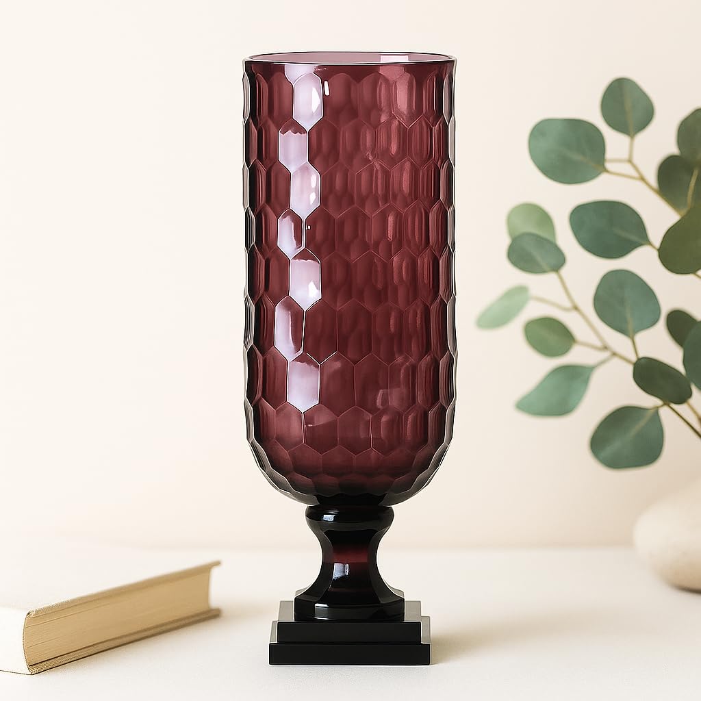 SHOBHANA ENTERPRISES Honeycomb Cut Engraved Hurricane Glass Vase for Home Décor (Purple, Size : 15 * 40 cm)-image-19
