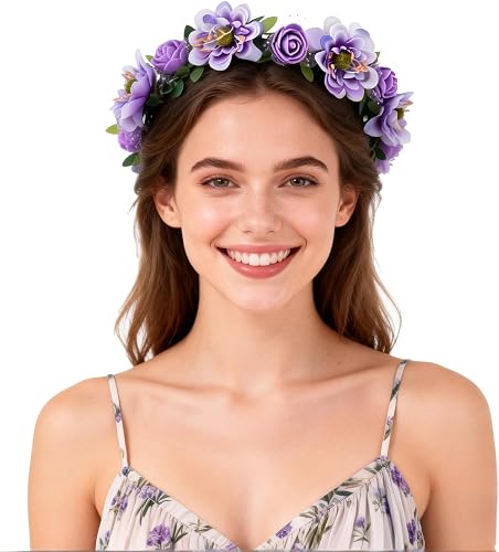 Rose Flower Leave Crown Bridal Halo Headband with Adjustable Ribbon (Lavender)