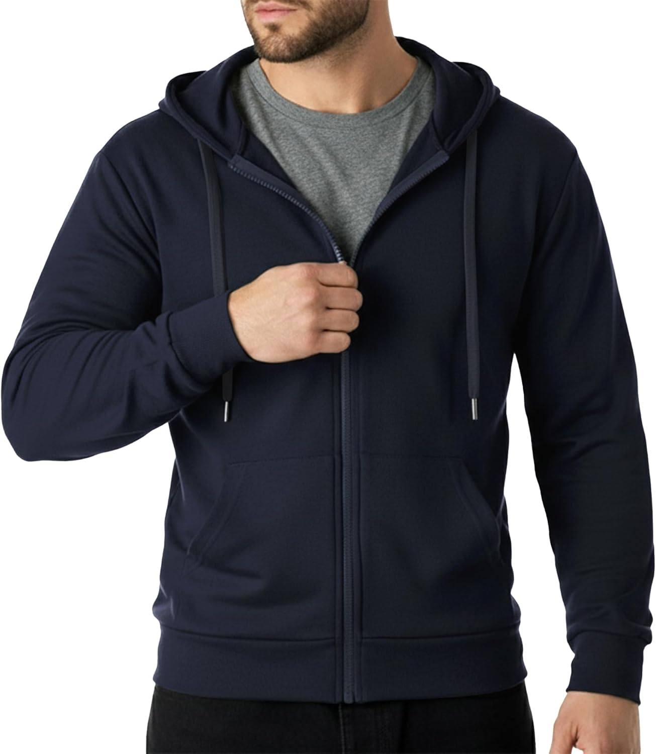 Ohoo Mens Slim Fit Lightweight Zip Up Hoodie Long Sleeve Full-Zip Hooded Sweatshirt with 3-Piece Fabric Panel Hood