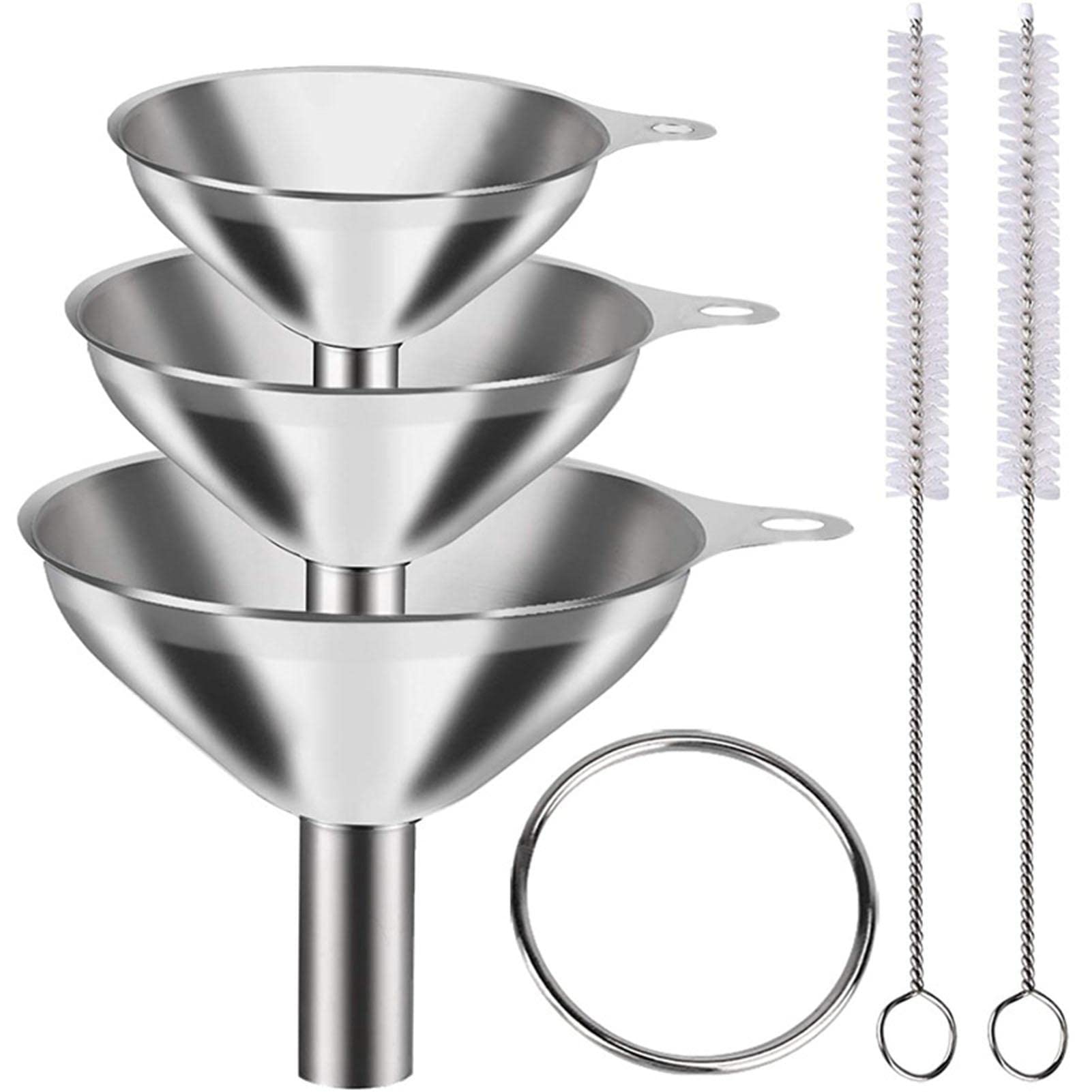 Juego de 3 embudos de metal de acero inoxidable, embudos grandes y pequeños de grado alimenticio para cocina, utensilios de cocina para aceites, especias líquidas, ingredientes secos,