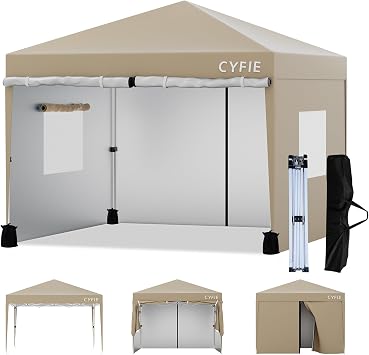 CYFIE 10X10 Pop Up Canopy Tent with 4 Removable Sidewalls, Portable Instant Outdoor Khaki Shade Canopy Gazebo, Quick Setup Waterproof & Uv-Resistant Tent for Party Beach Patio Camping Vendor Events
