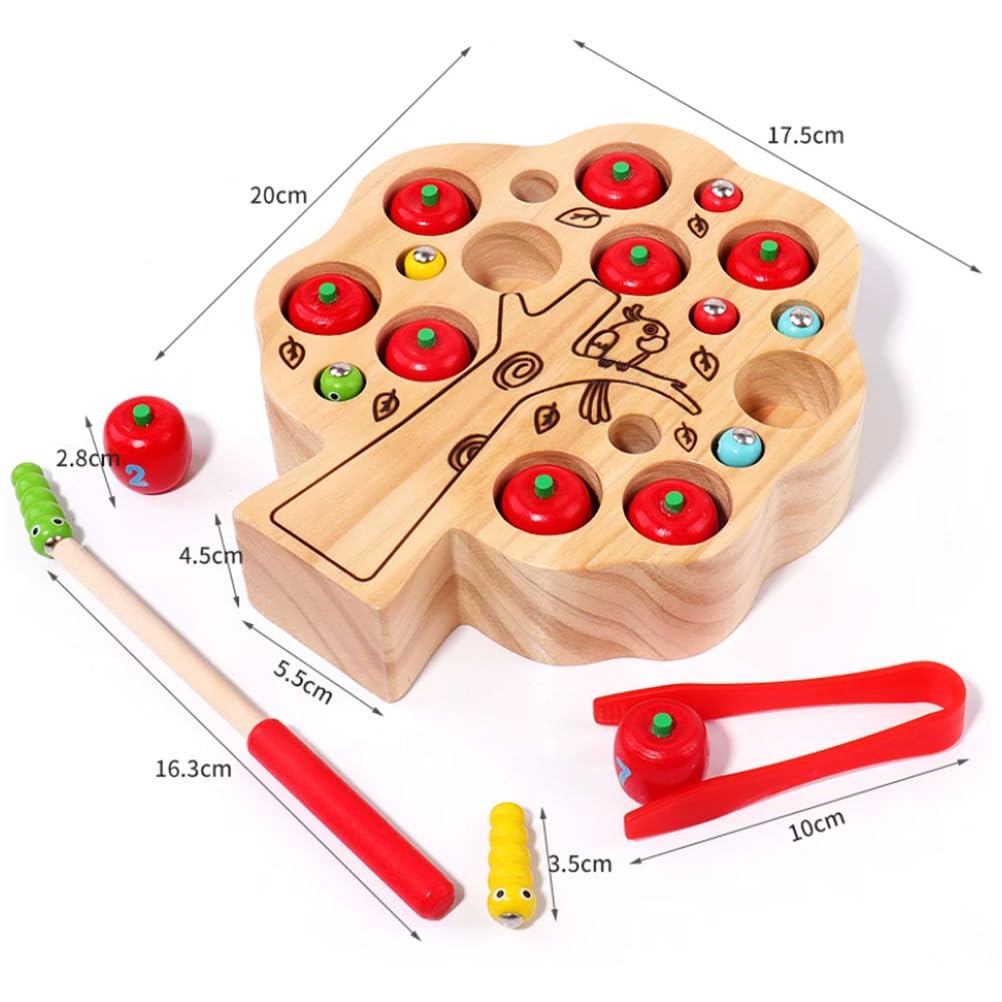 Montessori Holzmagnetspiel Apfelbaum Fängt den Wurm | Kleinkind-Feinmotorik-Trainingsspielzeug mit Zange und Magnetstab, 1-10 Zahlenzähl- und Zuordnungsspielzeug
