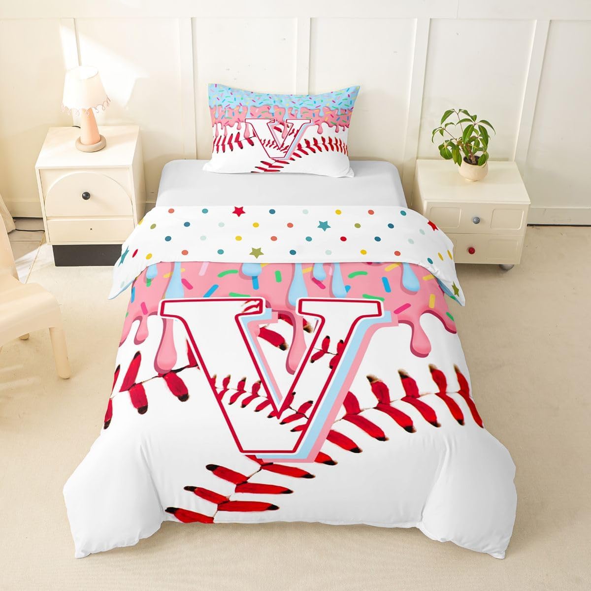 jejeloiu Baseball Ice Cream Duvet Cover Toddler Size Initial Letter V Comforter Cover for Boys Girls Red Baseball Texture Bedding Set 2Pcs Game Sports Room Decor