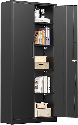 Miniatura 9 de Greenvelly Armario de almacenamiento de metal con cerradura, armario de almacenamiento de 72 pulgadas de alto con 2 puertas y 4 estantes ajustables