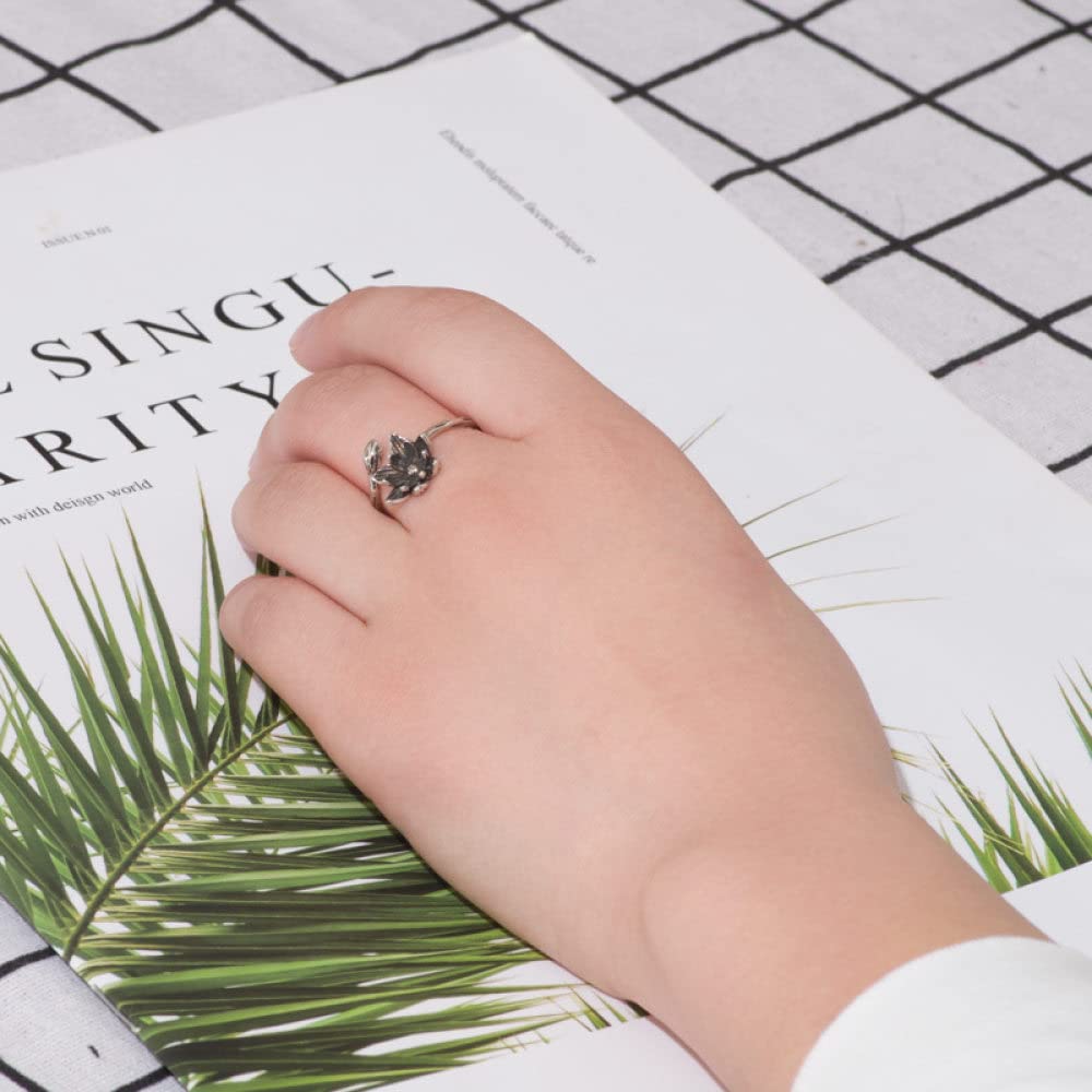 HGJH Ring Aus 925Er Sterlingsilber, S925 Sterling Silber Lotus Ring Verstellbare Ringe Retro Offener Ring Silber Daumenring Ewigkeitsring Hochzeitscharme Schmuck Geschenke Für Männer Mädchen Damen