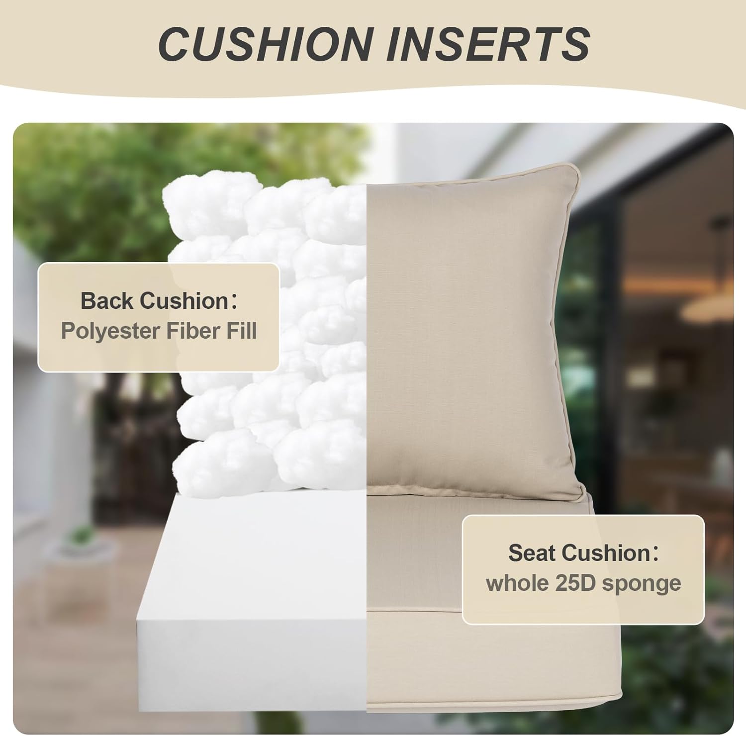 BPS 22x24 Inch Patio Seat Cushions, Fade-Resistant Olefin Fabric Outdoor Deep Seat Cushion with Removable Cover and Adjustable Straps for Wicker Chairs, Sofas, Love Seats, Set of 2, Khaki