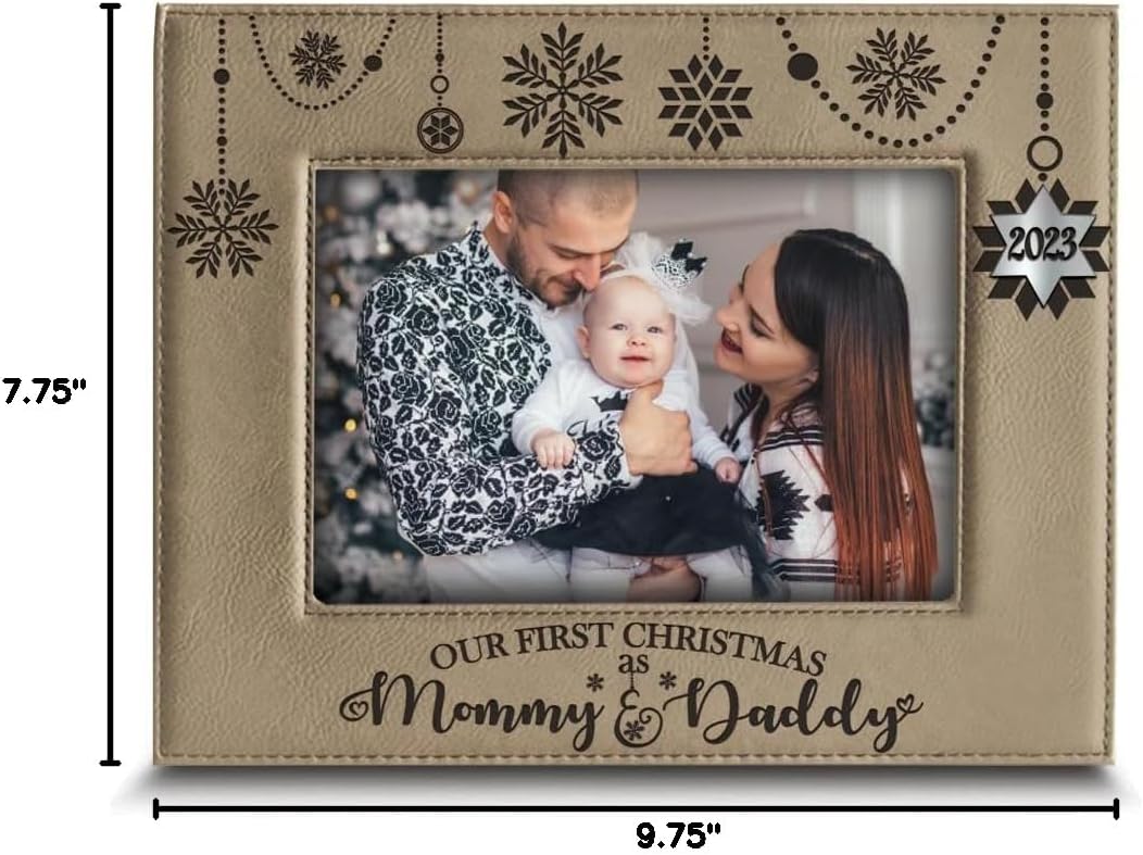 BELLA BUSTA- Our First Christmas as Mommy and Daddy -Christmas Gift for New Parents -Engraved Leather Picture Frame (5x7 Horizontal)