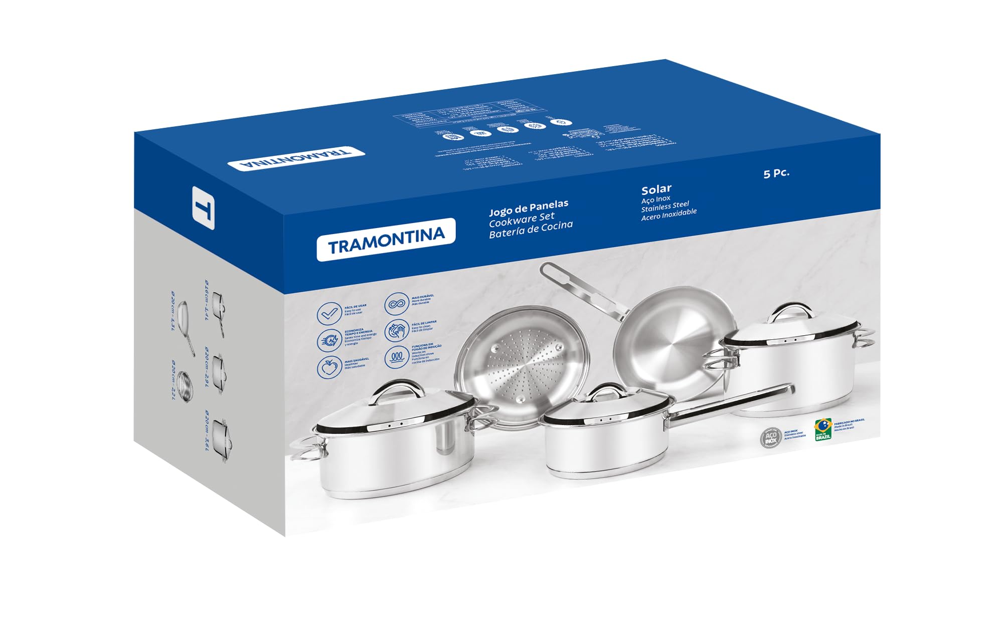 Tramontina Set di Pentole Solar in Acciaio Inox con Fondo Triplo 5 Pezzi | Si abbina ai coperchi delle pentole