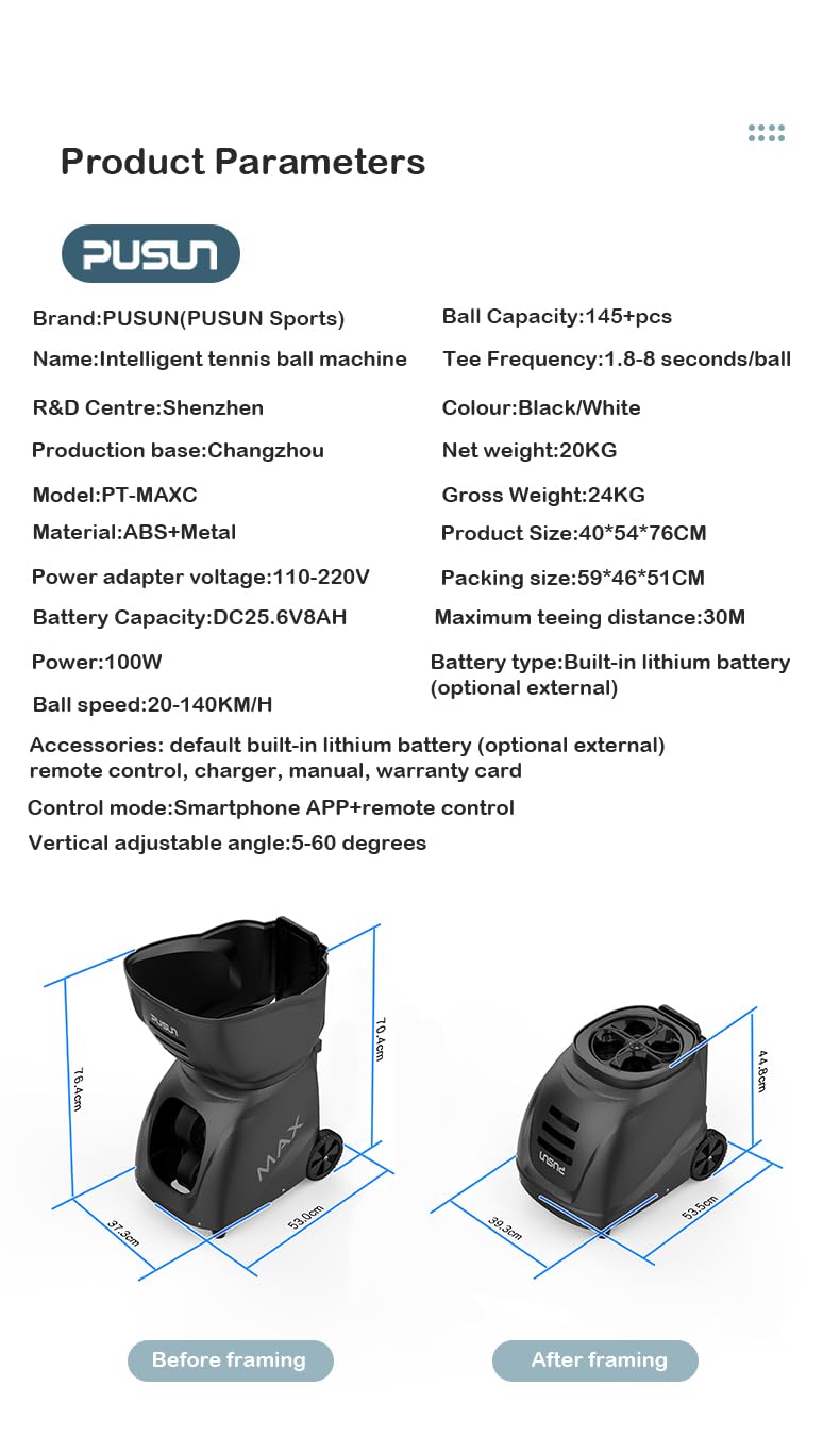 PUSUN PT-MAX C Tennisballmaschine Interne Oszillation: App, 12 Modi, 140 km/h, 8H Batterie, 120-Ball-Kapazität, Tragbar für Tennis & Padel für Profis bis Trainer