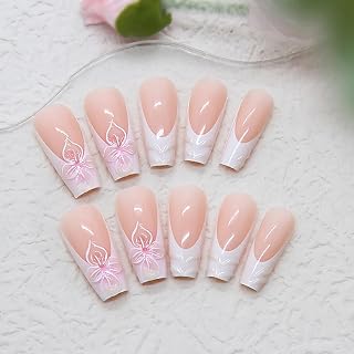 24Pcs White French Tip Press on Nails Medium Coffin Nails Spring Lily Flower Fake Nails 3D Designs Reusable French Acrylic Nails Nude Glossy False Nails Summer Flowers Stick on Nails for Women Girls