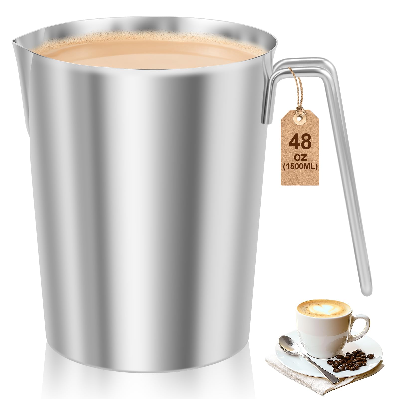 Milk Frothing Pitcher，Stainless Steel Milk Jug Measuring Cup with Scale for Making Latte Art and Coffee Cappuccino,Coffee Dairy Measuring Jug(Silver,1500ml)
