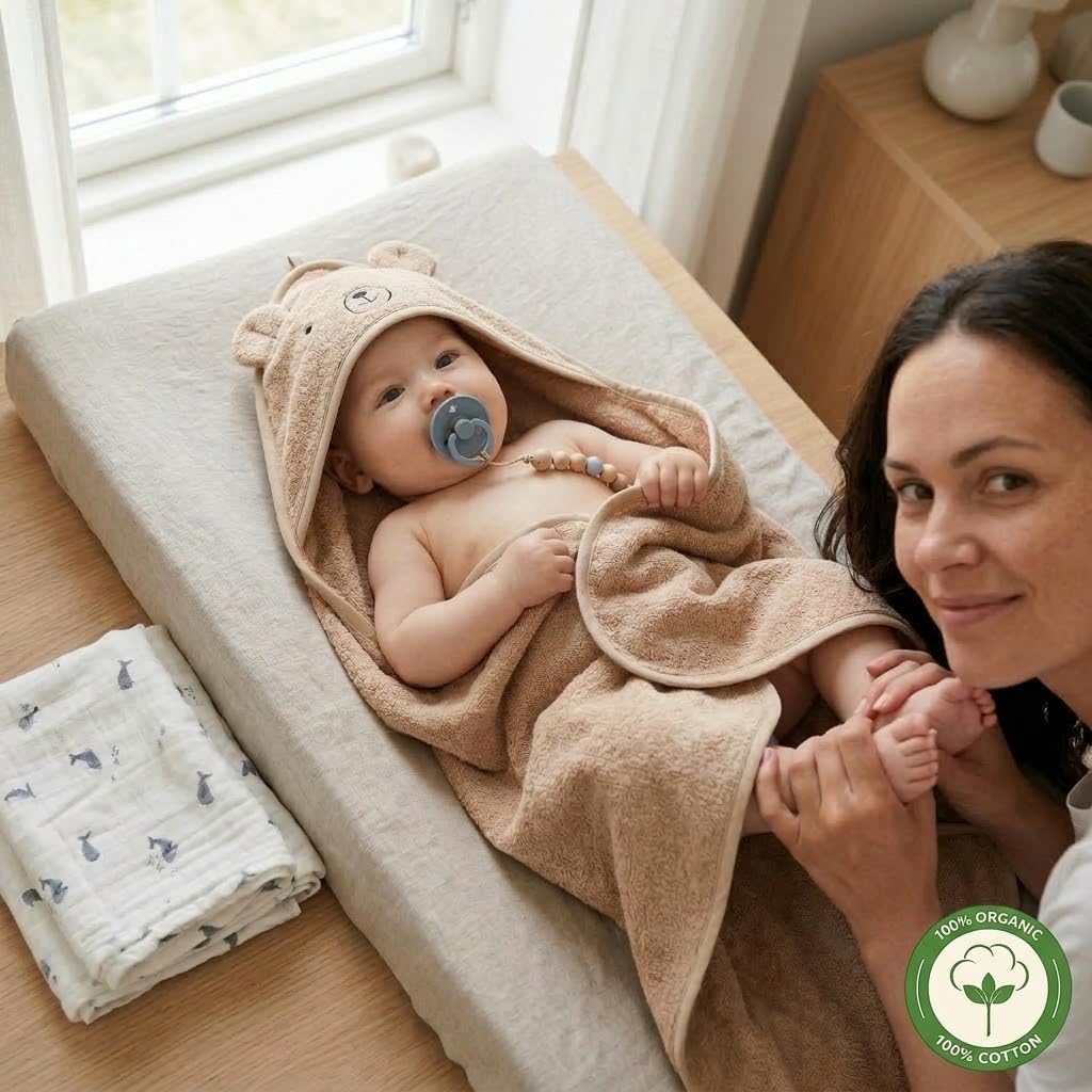 Baby Hooded Towel – Organic Cotton Baby Bath Towels – Baby Towels, Baby Bath Towels for Baby Boy, Baby Girl, 32" x 32" Super-Soft and Absorbent Baby Towels for Newborn (Bear - Natural)