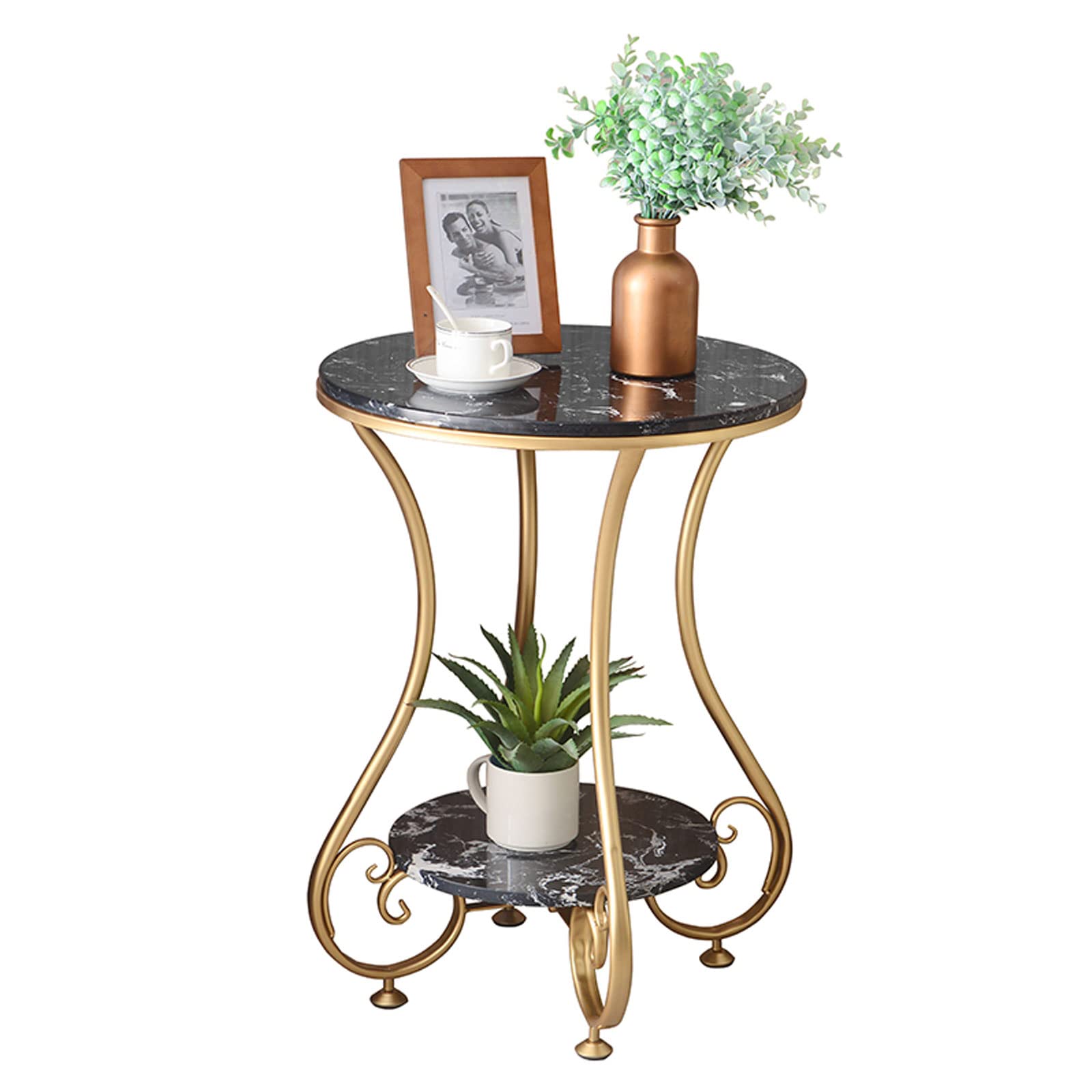 Table basse ronde centrale effet marbre et pieds métalliques au design contemporain chic