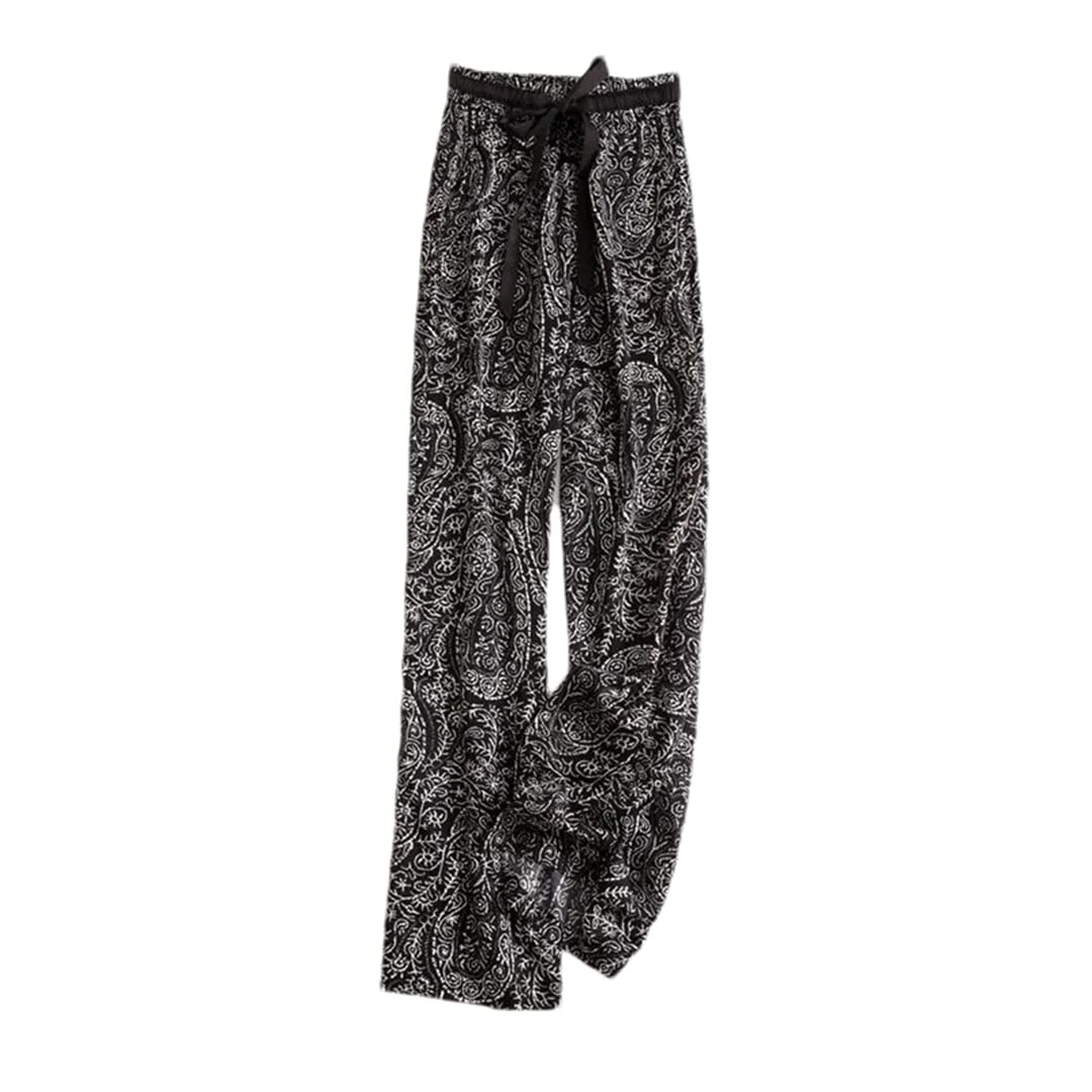 Womens Print Chiffon Wide-Leg Pants Version Retro Ice Silk High Waist Pants