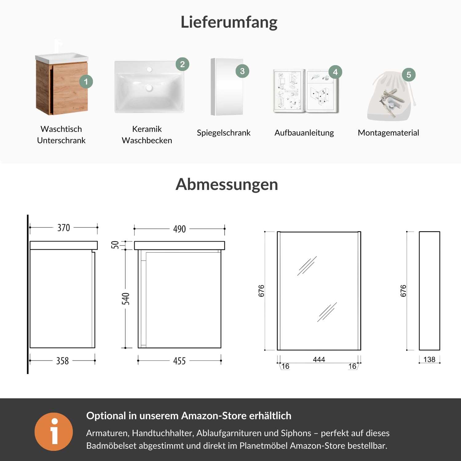 Planetmöbel Waschtisch mit Unterschrank 50 cm inkl. Spiegelschrank 50cm, Badmöbel Set mit Waschbecken, hängend, Gold Eiche