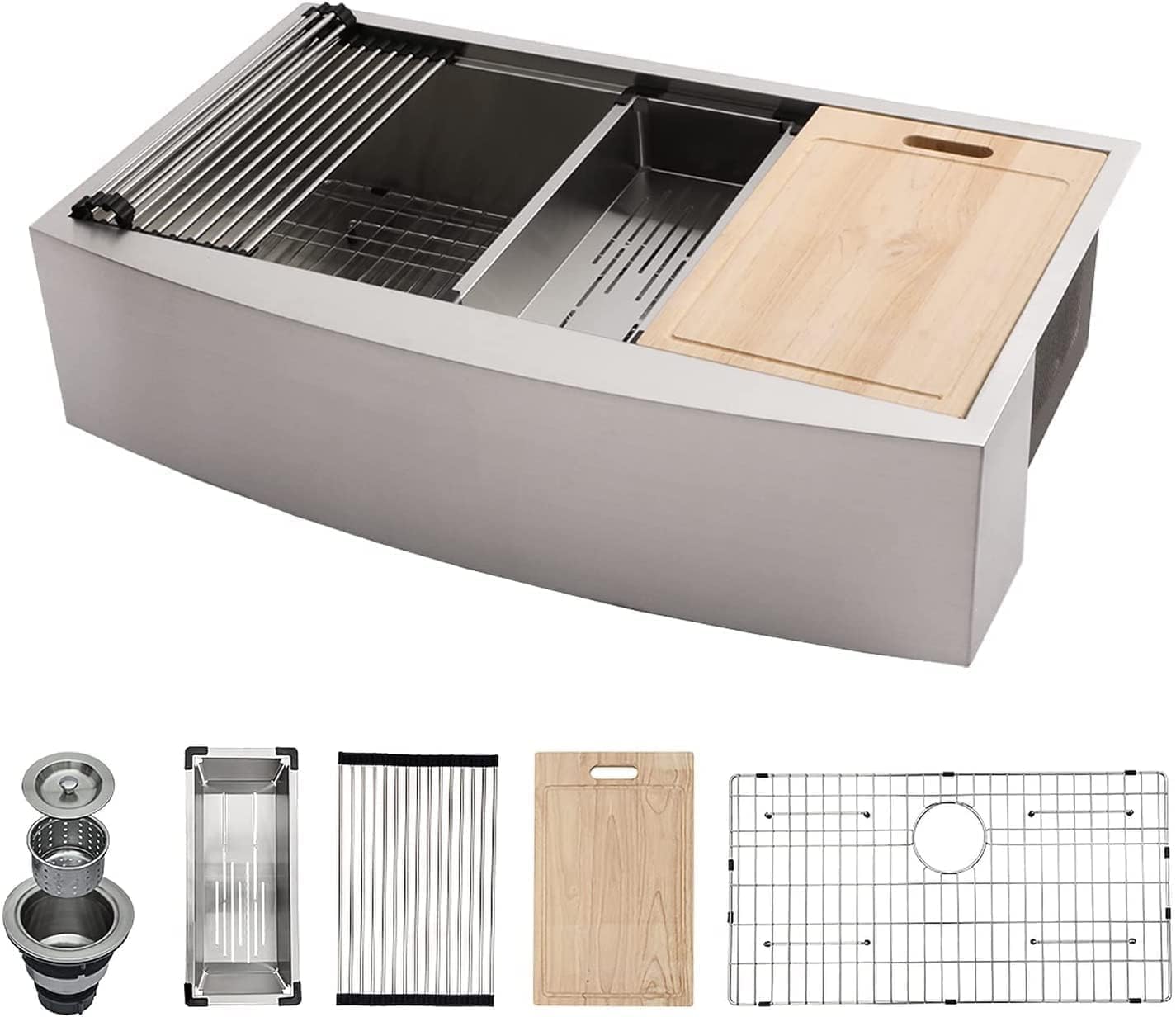 Lordear Farmhouse Kitchen Sink - 33 Inch Farm House Kitchen Sink Apron Front Ledge Workstation Deep Single Bowl 16 Gauge Stainless Steel Kitchen Farm - View #6