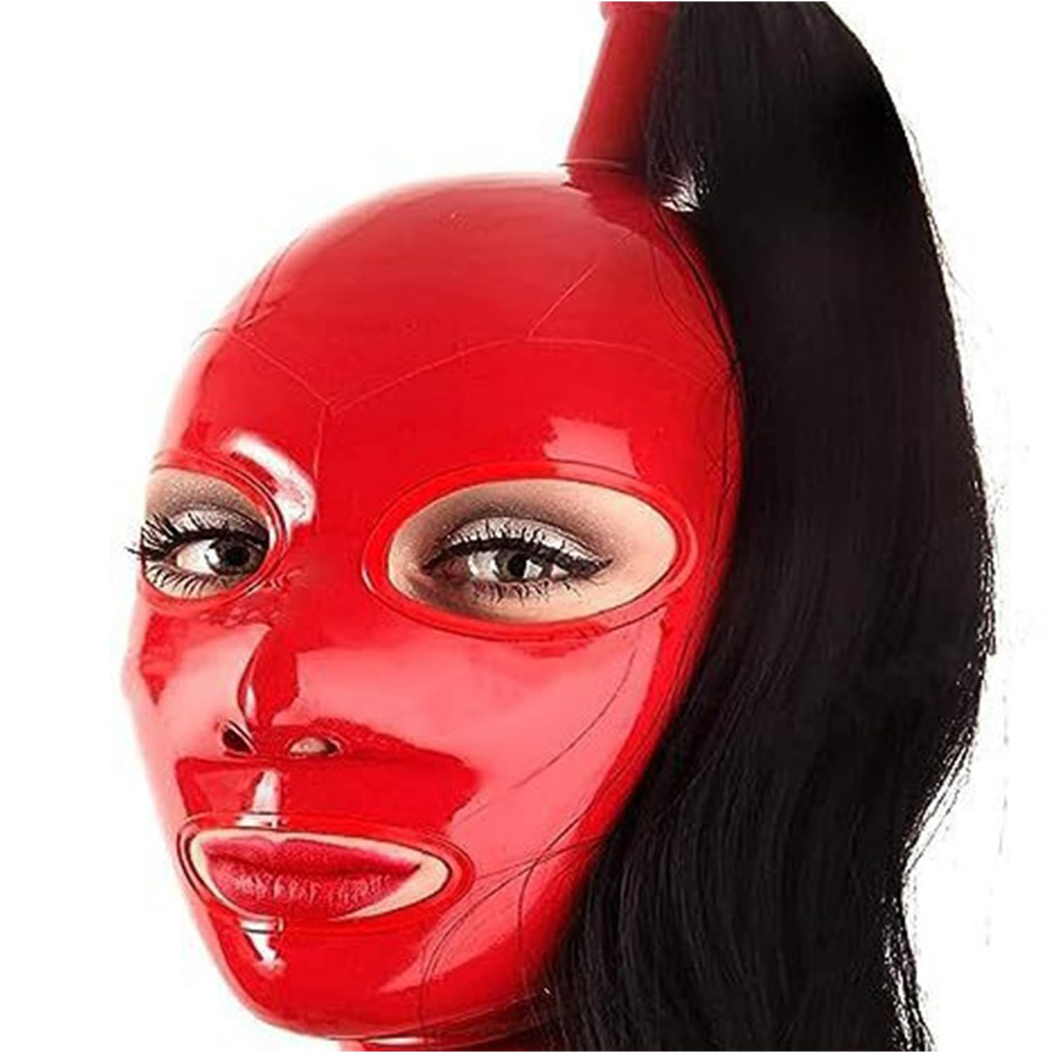 WXLPCGO SM Latex Hood with Ponytail Full Face Mask Exposed Eyes and Mouth Handmade for Halloween Unisex(Size:M-65CM)