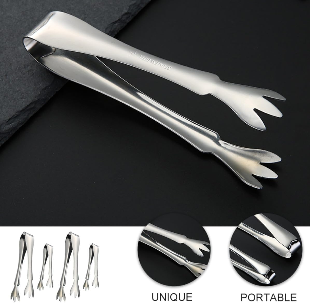 4pcs Stainless Steel Ice Tongs Practical Design and Silver Finish