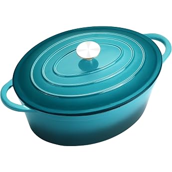 Cast Iron Roasting Dish with Lid Oval Cast Iron Pot 6.6 L Enamel Pot Large Oven-Safe Casserole Pot with Lid for All Types of Cookers Induction Blue/Green