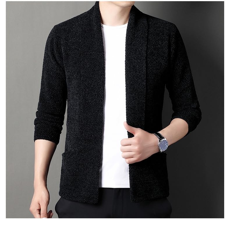 Gilets Maille Cascade Ouverts sur Le Devant pour Hommes, Veste Courte Marron en Chenille À Col Châle Et Manches Longues, avec Poches, Manteau d'hiver Chaud Et Confortable.