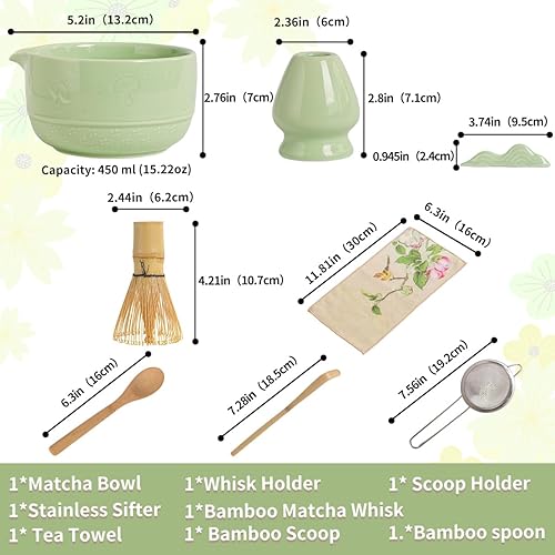 Miniatura 2 de Juego de matcha, 8 piezas de cerámica Matcha Bowl & Whisk Kit con patrón de setas, Chawan japonés tradicional, Persecución de bambú, cuchara y
