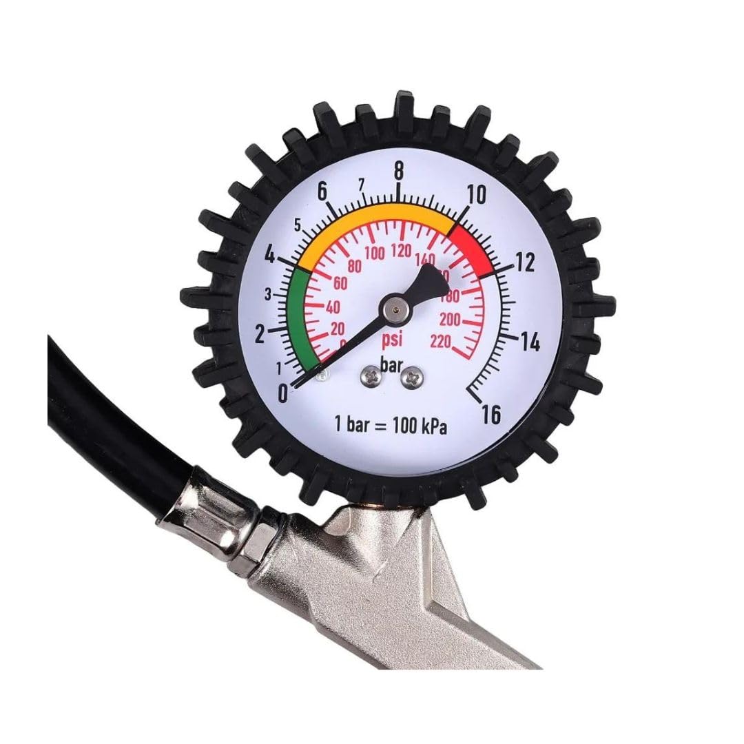A.M.C. Pistola Gonfiaggio Pneumatici Professionale con Manometro Pressione tra 0-220 Psi e 0-16 Bar per Pressione Gomme di Auto Moto Camion e Biciclette