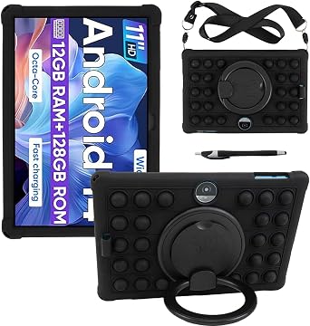 11-inch Tablet case for COLORROOM C5/TUOHAITIME C5/WXUNJA C5/JIKOCXN C5/aiprotablet C5 Universal Tablet case with 360 Rotating StandLanyard & Stylus Black
