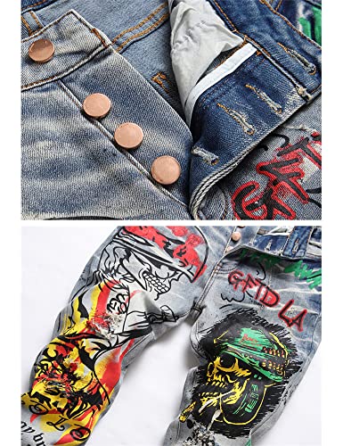 Men's Streetwear Skull Flame Print Stretch Denim Jeans4