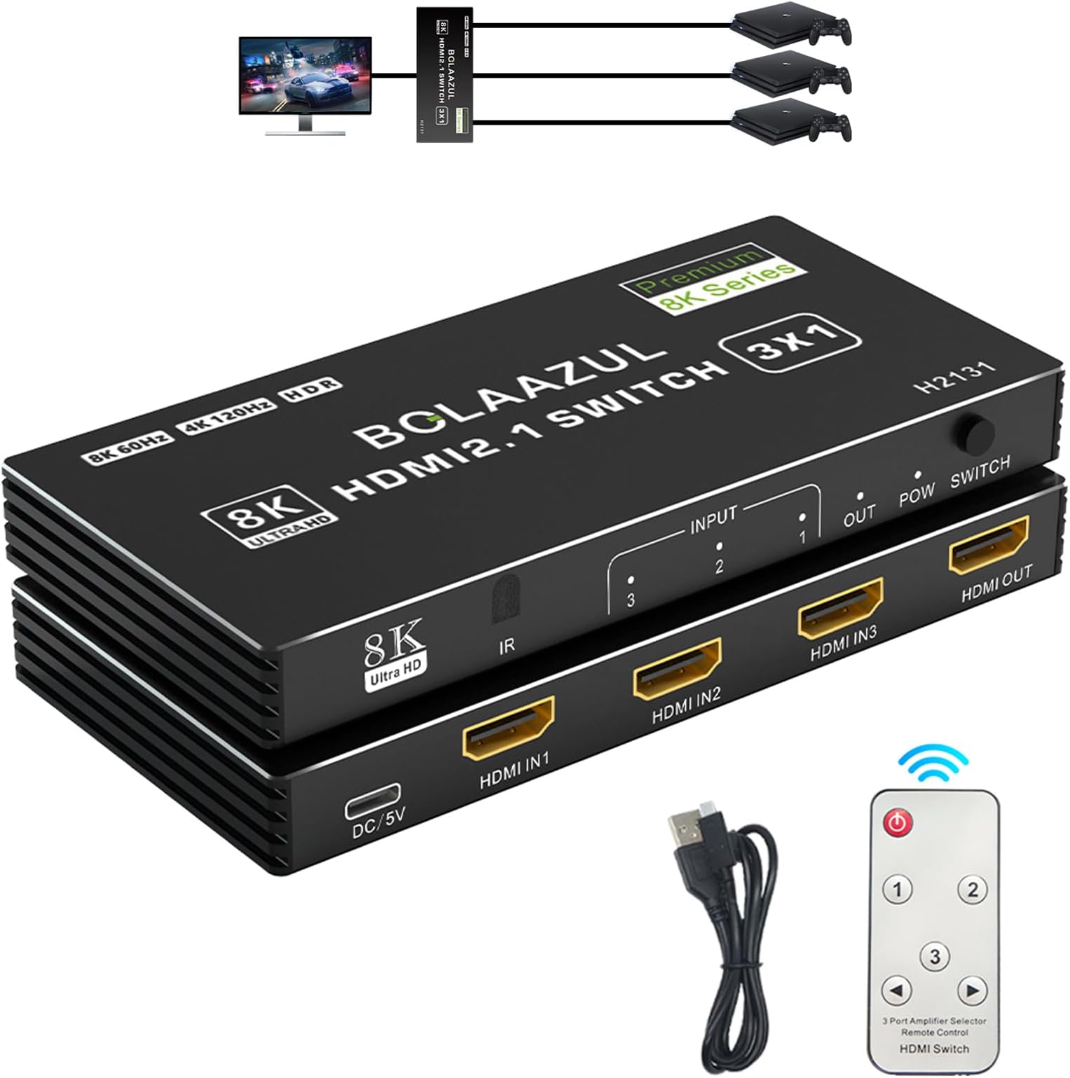 BolAAzuL 4K HDMI 2.1 Switch 120Hz 3 in 1 Out, 8K@60Hz HDMI 2.1 Splitter Switcher Selector Box 3-Port with Remote 4K 120Hz 2K 144Hz, HDMI Port Expander 3x1 HDR, 48Gbps, CEC, for Xbox Series X PS5