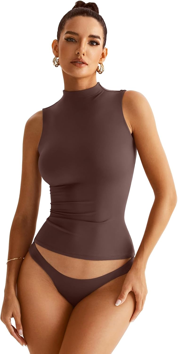 Women Sleeveless Mock Turtle Neck Tops Double Lined Fitted Tank Tops Basic T Shirts 2025 - Image 6