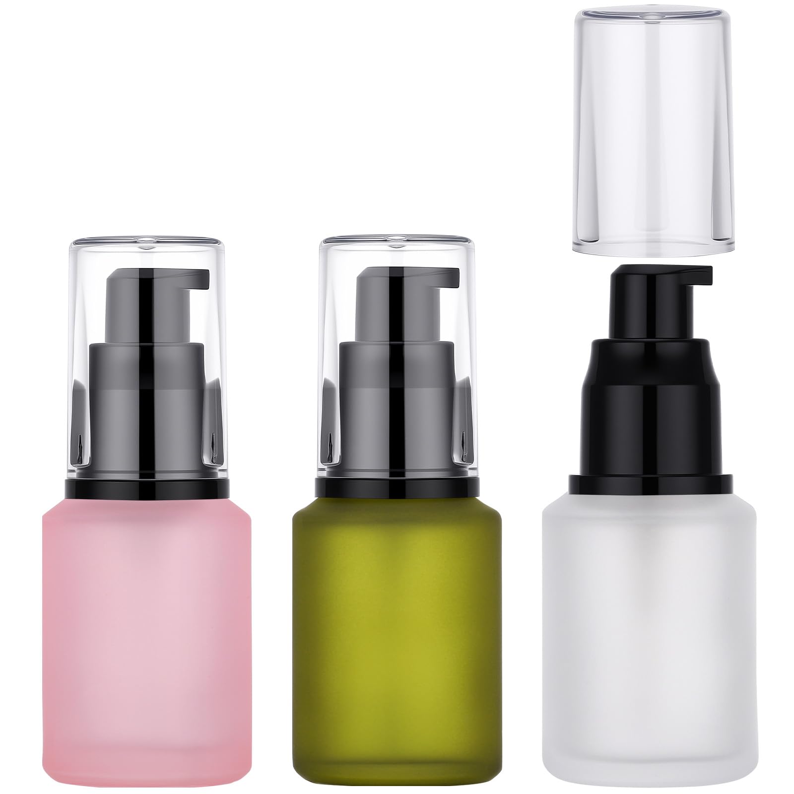 Segbeauty 1oz Frosted Glass Lotion Bottle Empty, 3pcs Travel Lotion Container, 30ml Refillable Glass Travel Bottles for Toiletries, Hair Oil Bottles, Mini Size Skincare Cream Pump Bottle Mixed Color