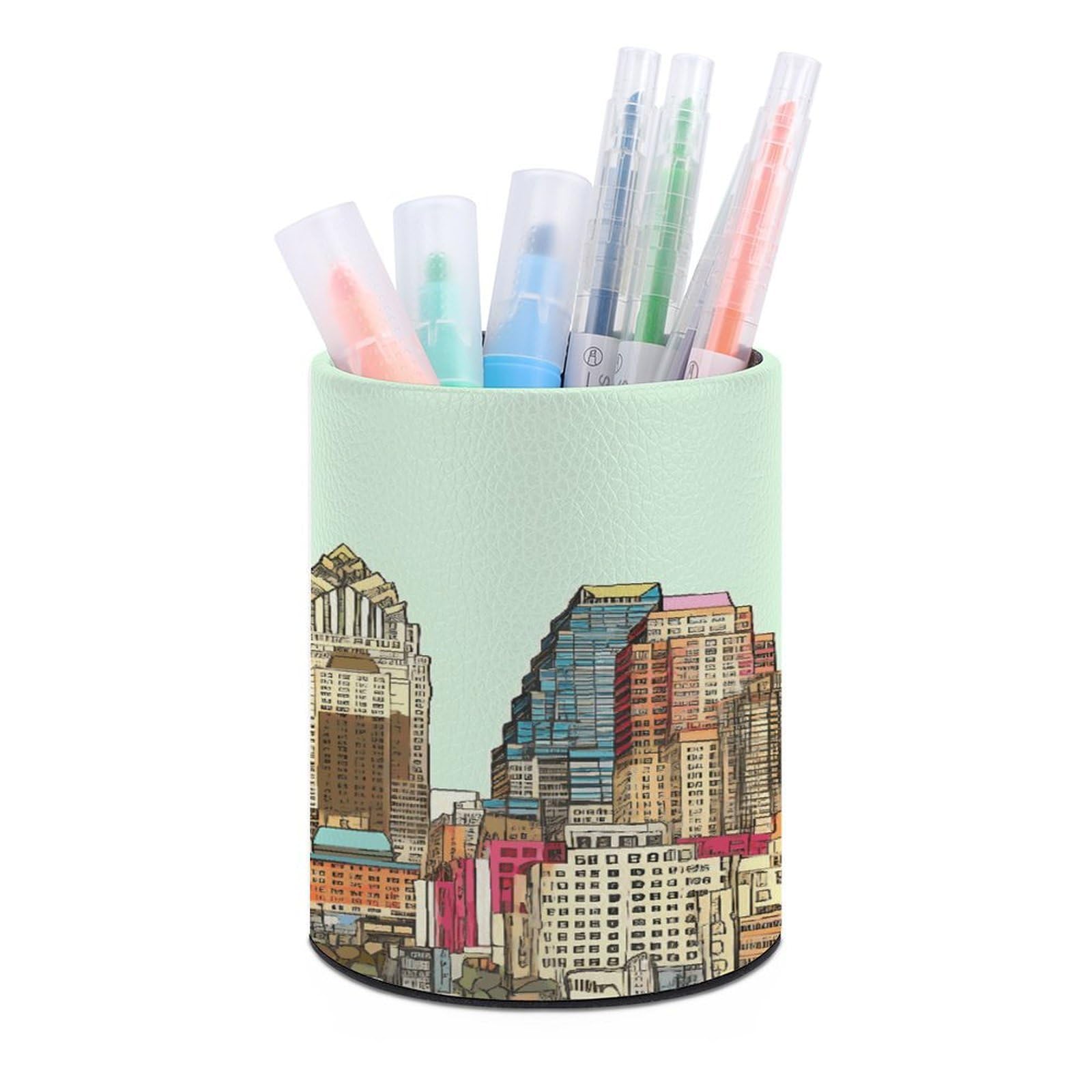 FekiLoot Austin Texas Pen Holder Cup Fashion PU Leather Pencil Cup Minimalist Pen Organizer Round Pencil Holder Stand Work Locker Accessories for Decoration Desk Office Home