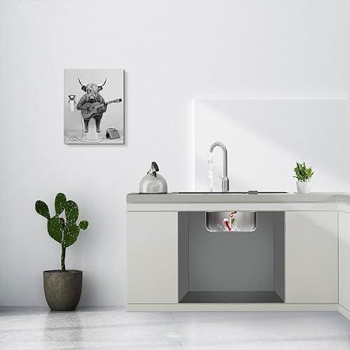Miniatura 3 de Decoración de baño de vaca de las montañas, divertidas imágenes artísticas de pared de baño de vaca de las tierras altas, lienzo blanco y negro que