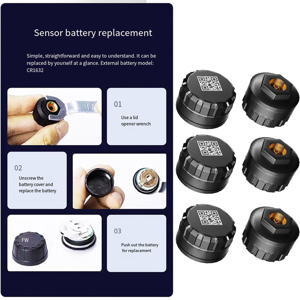 Per Sistema di monitoraggio della Pressione dei Pneumatici per Camion RV 6 Set Bluetooth TPMS con 6 sensori Esterni Supporto IO-S e Android per Camper