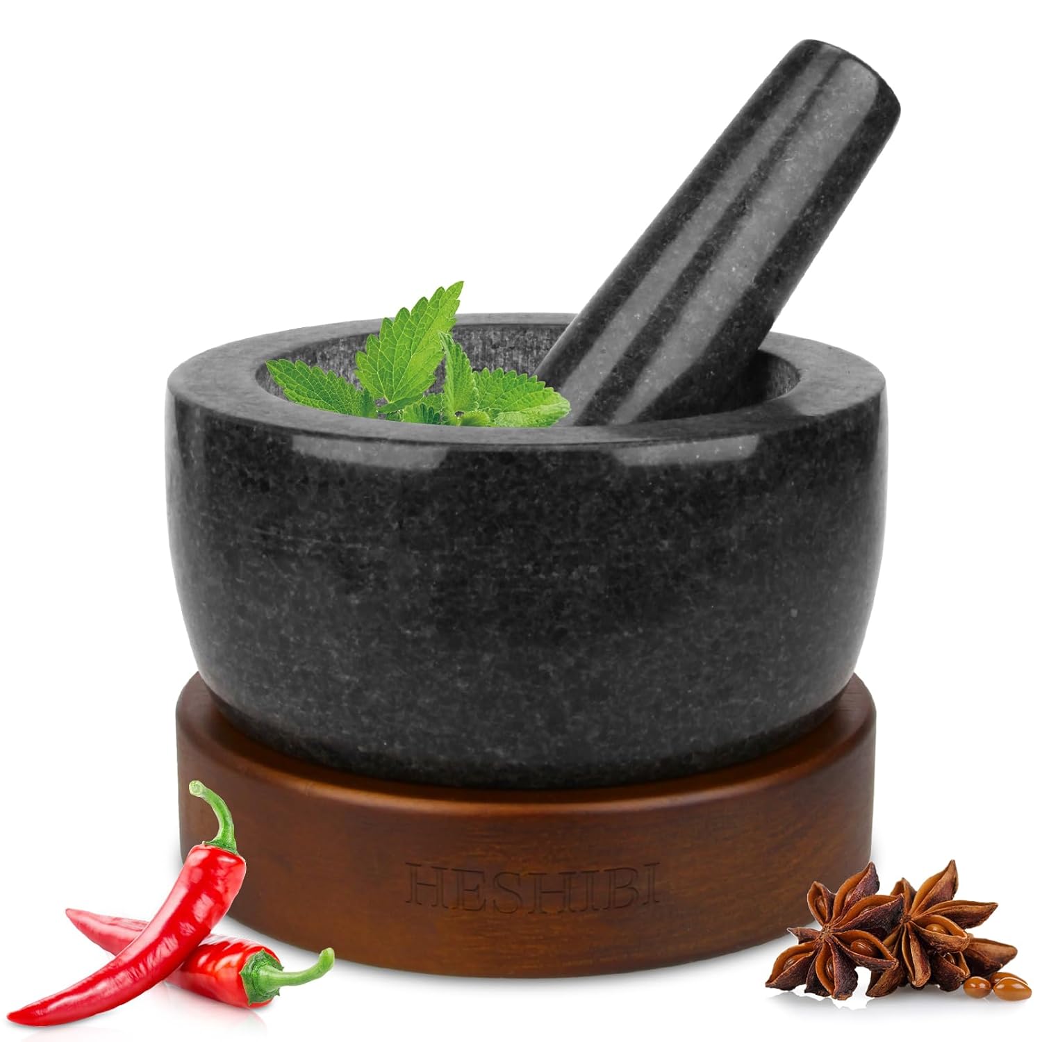HESHIBI Heavy Duty Mortar and Pestle Set with Wood Base