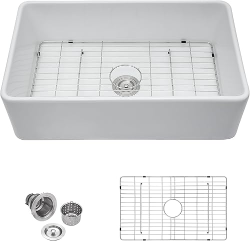 Miniatura 9 de Fregadero de granja  Fregadero de granja blanco de 33 pulgadas, delantal reversible frontal de 33 x 20 pulgadas, instalación de montaje inferior,