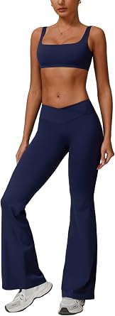 2 Piece Workout Sets for Women Crossover High Waisted Flare Leggings Gym Yoga Outfit Stretchy Sports Bra Set