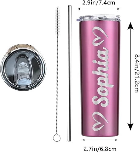 Miniatura 6 de Vaso delgado personalizado con tapa y pajilla, taza de acero inoxidable aislada con nombre y texto, regalos personalizados para mujeres, hombres,