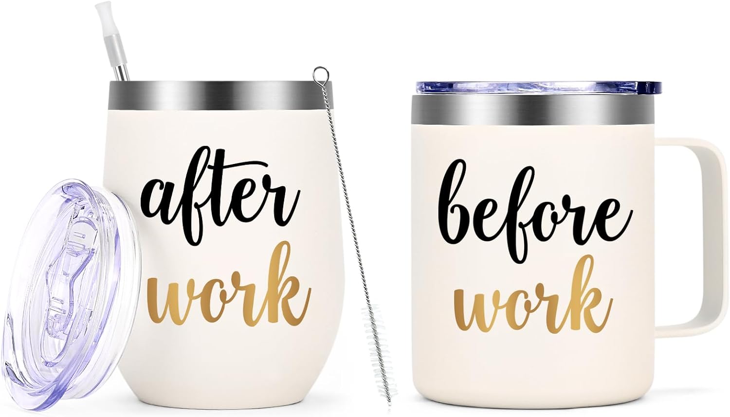 Gtmileo Before Work After Work Mug and Wine Glass, Christmas Boss Day Office Work Gifts for Coworkers Employees Women Boss Lady Manger Leader Friends,12oz Insulated Coffee Mug Wine Tumbler Set（Beige
