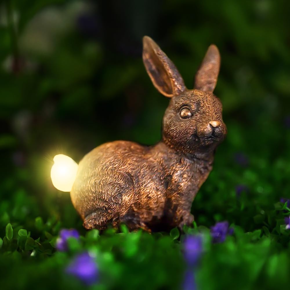 Garden Mile Rabbit Solar Ornament For Garden - Bronze Effect Outdoor Statue Waterproof Resin Sculpture With Solar Lights Animal Sculpture