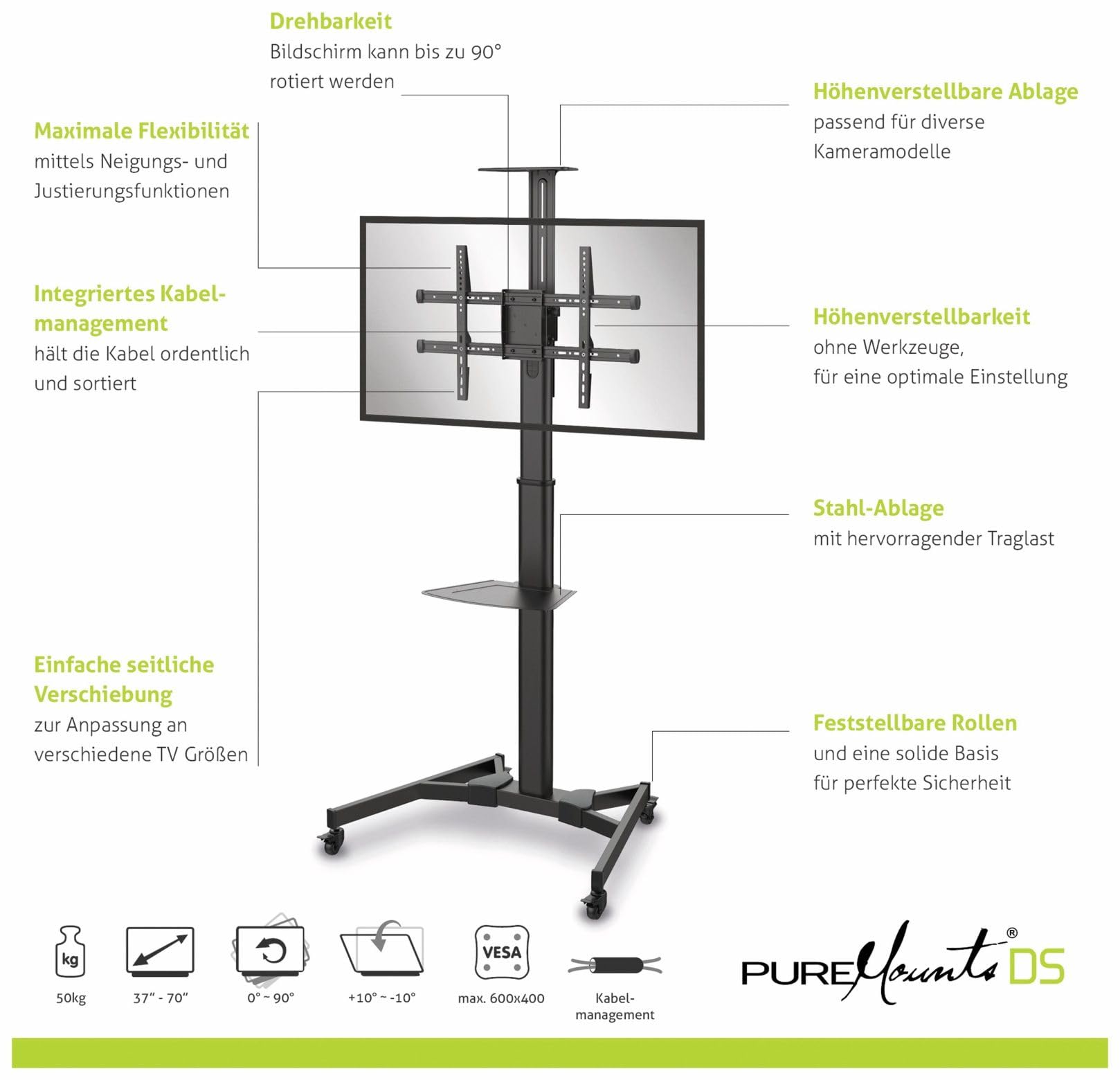 PureMounts PM-CART-70B supporto TV per schermi LCD/LED/plasma da 94-178 cm (37-70 pollici) nero