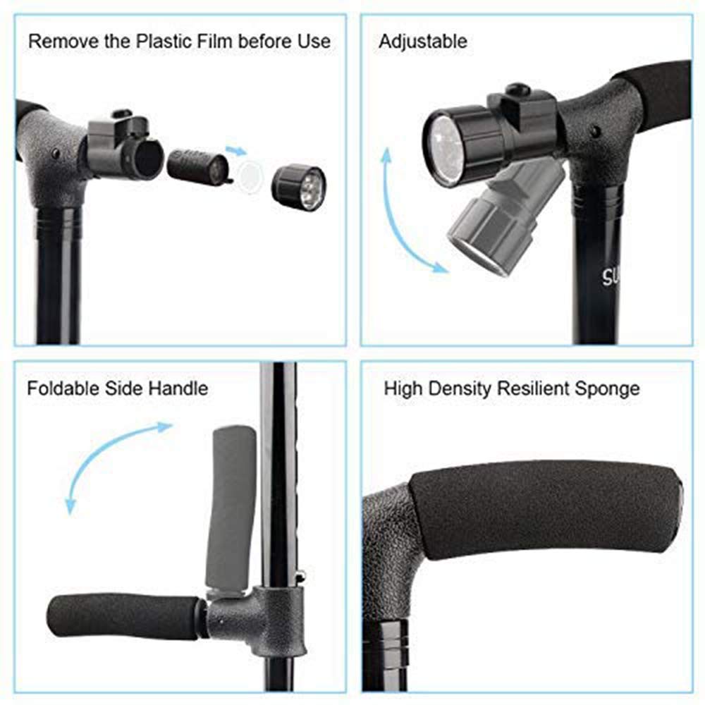 Bastones Bastón Plegable con luz LED Bastón Extensible autoportante con Doble empuñadura y muletas Regulables en Altura para Personas Mayores