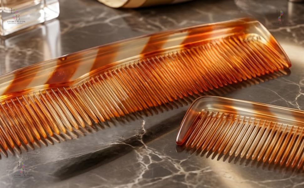 Image of Hair Comb Set, Amber and Clear Striped Pattern, 3-Piece | Professional Styling and Detangling, For All Hair Types, Durable and Lightweight